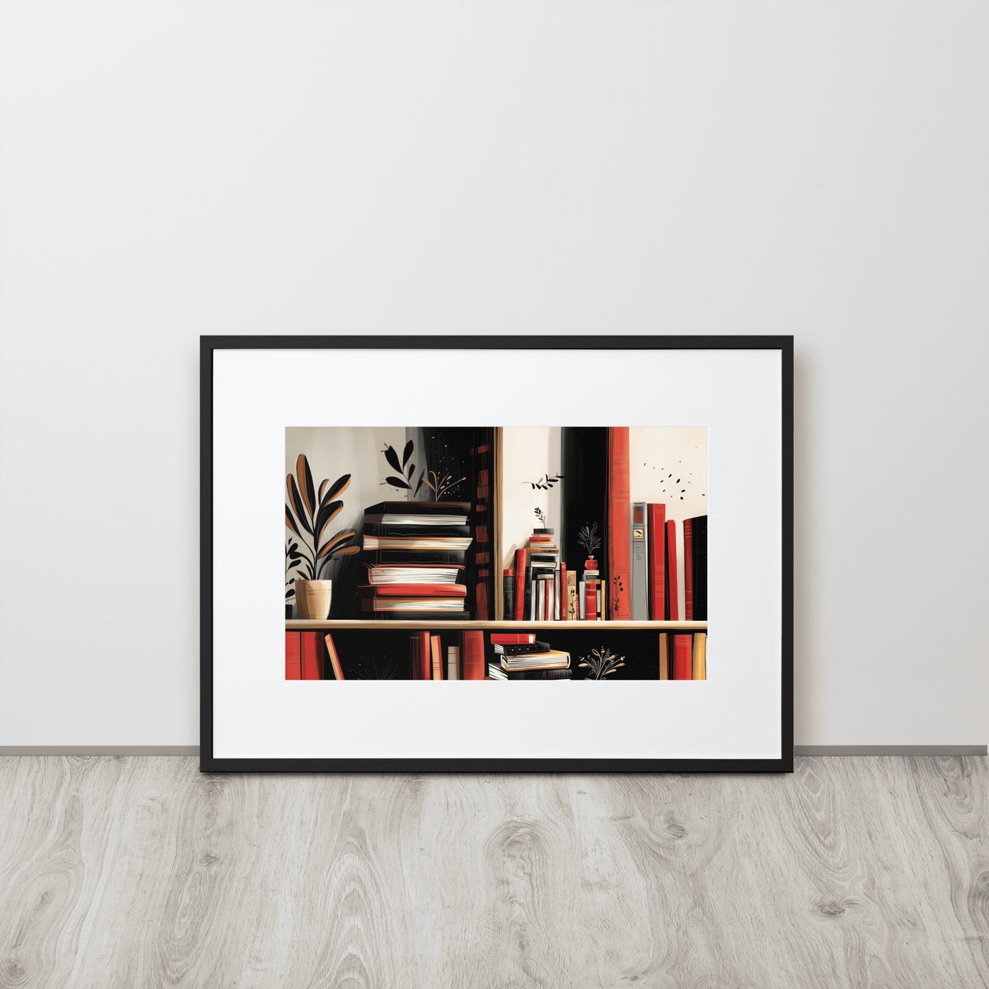 Framed B2 library-themed poster featuring colorful book illustrations with a sophisticated white mat board.