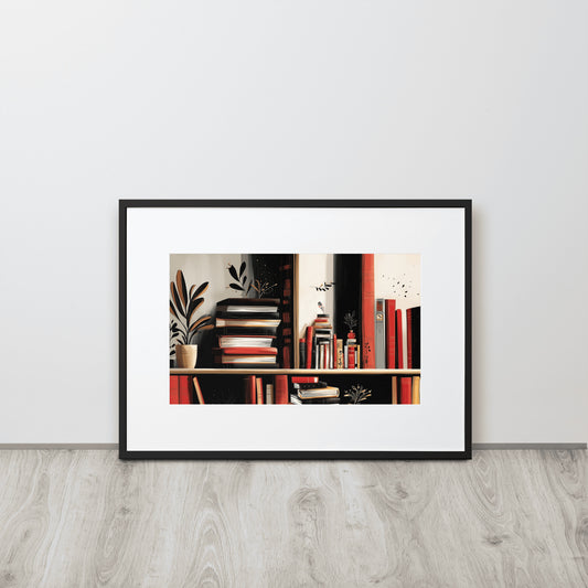 Framed B2 library-themed poster featuring colorful book illustrations with a sophisticated white mat board.