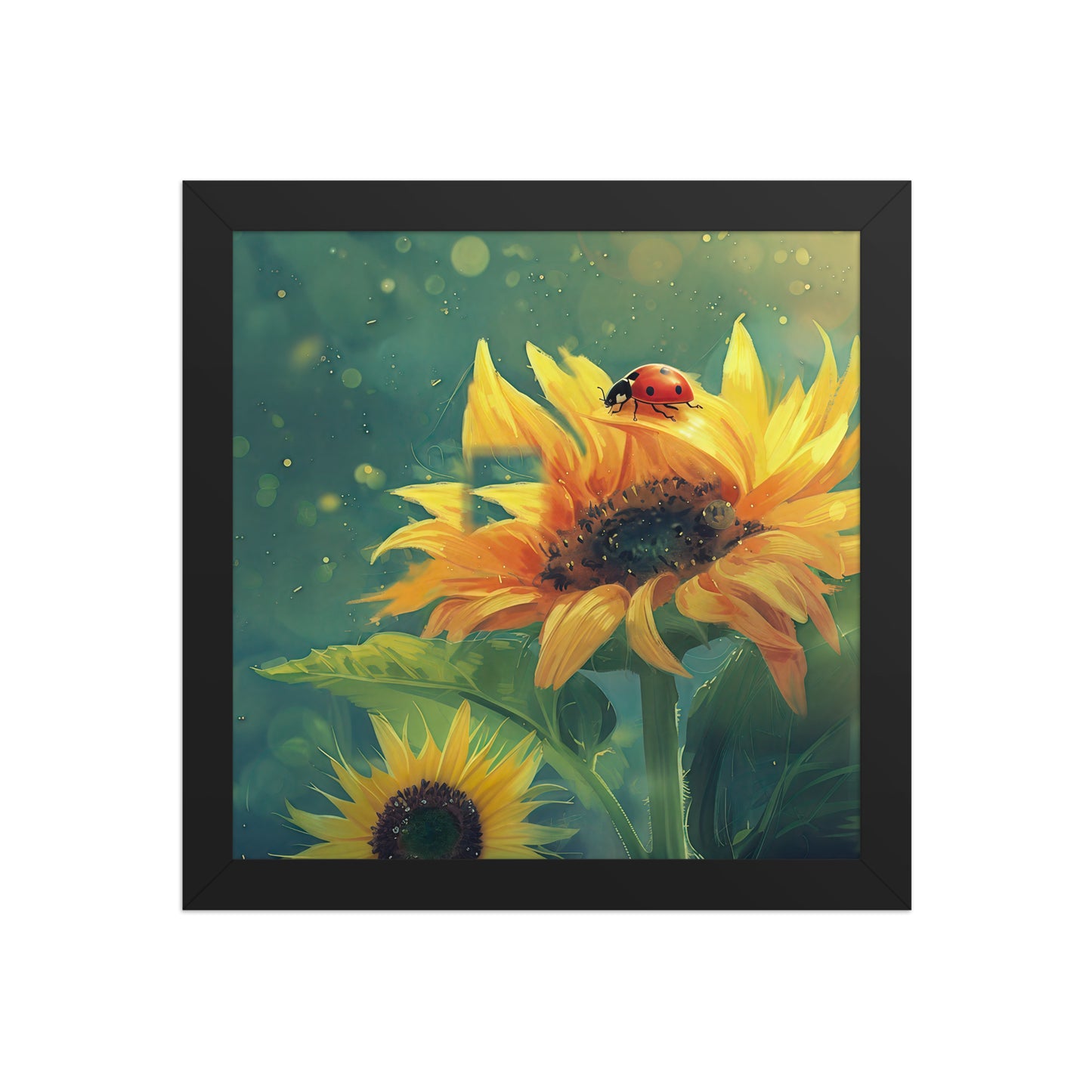 A vertical framed poster featuring a vibrant digital illustration of a red ladybug on a bright yellow sunflower. The background is a dreamy teal and green with glowing bokeh light effects. The art is housed in a sleek black wood frame.
