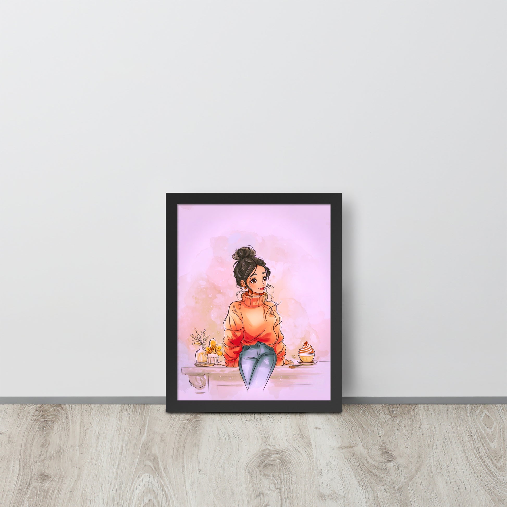 Black framed poster showing a woman in a chunky sweater with autumn-themed illustration.