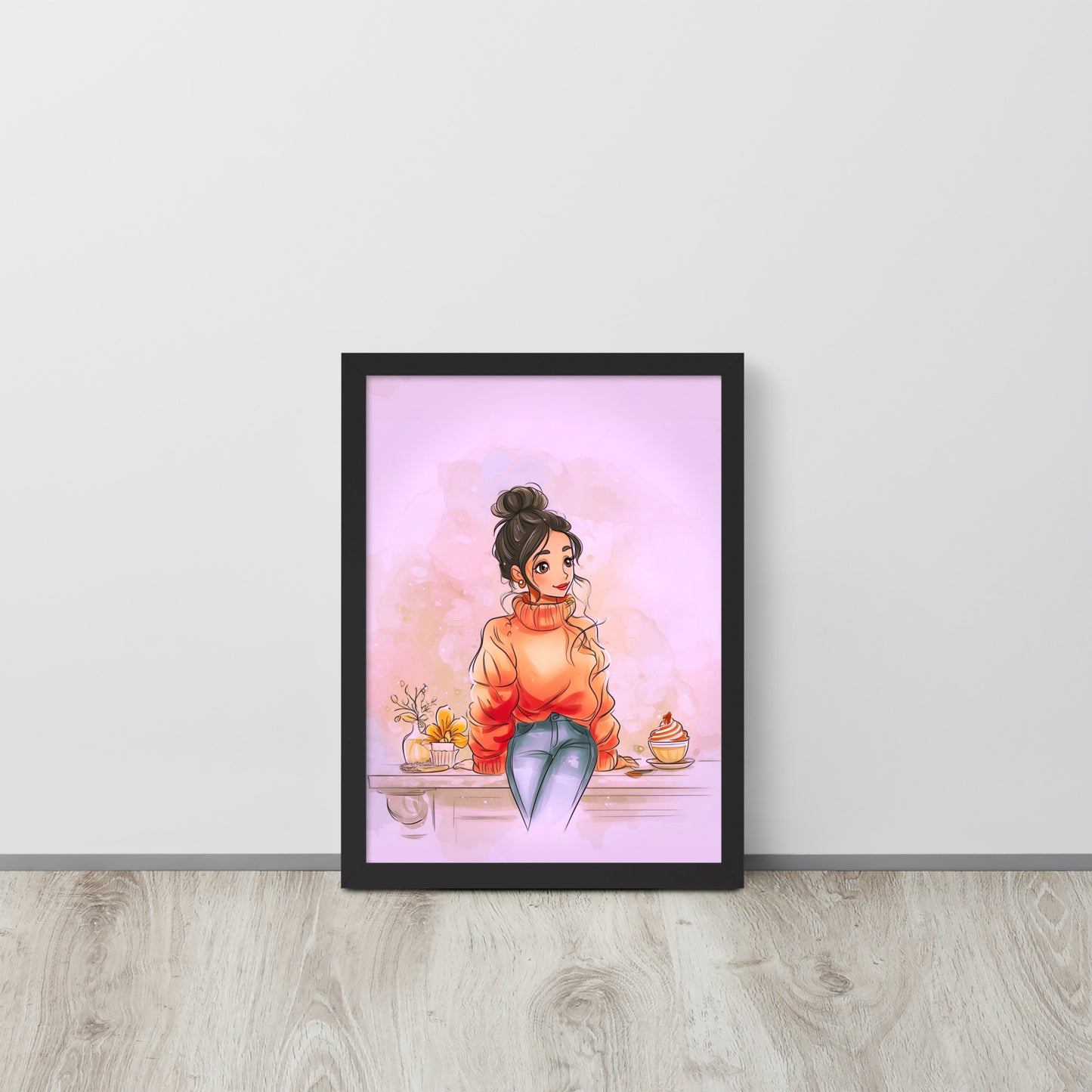 Black framed poster showing a woman in a chunky sweater with autumn-themed illustration.