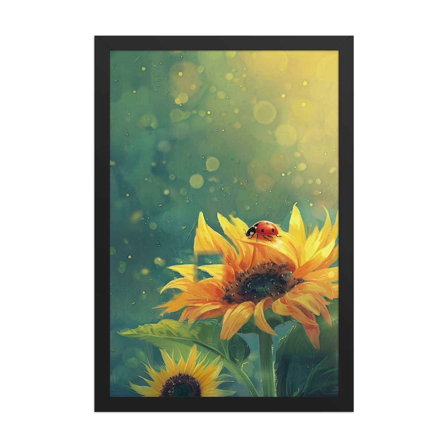 A vertical framed poster featuring a vibrant digital illustration of a red ladybug on a bright yellow sunflower. The background is a dreamy teal and green with glowing bokeh light effects. The art is housed in a sleek black wood frame.