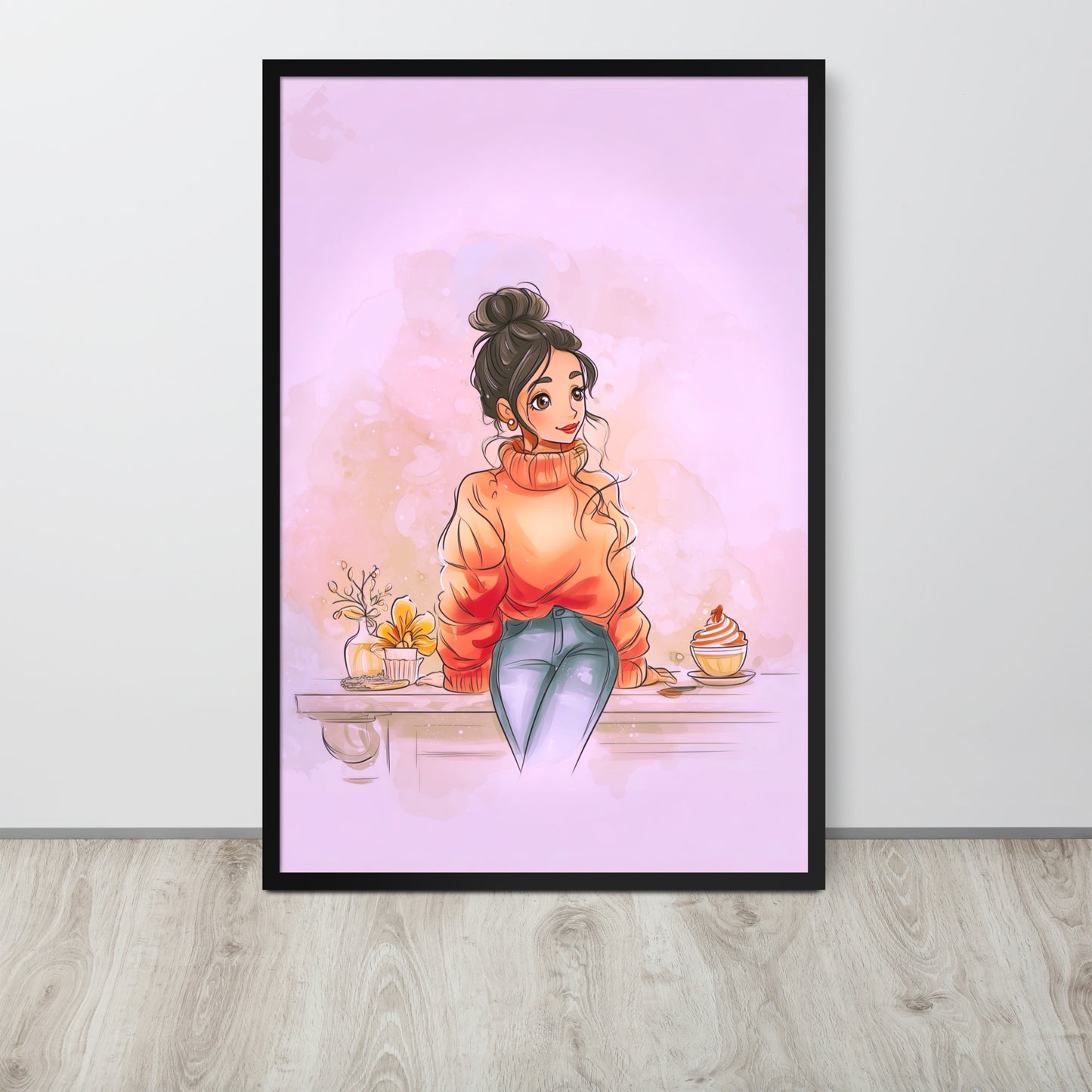 Black framed poster showing a woman in a chunky sweater with autumn-themed illustration.