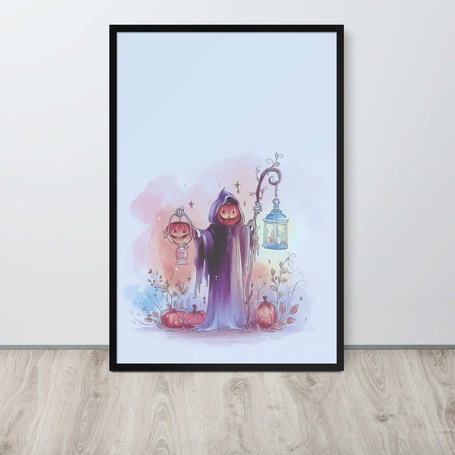Framed poster titled 'The Sweetest Reaper' featuring a soft spooky, whimsical grim reaper design.