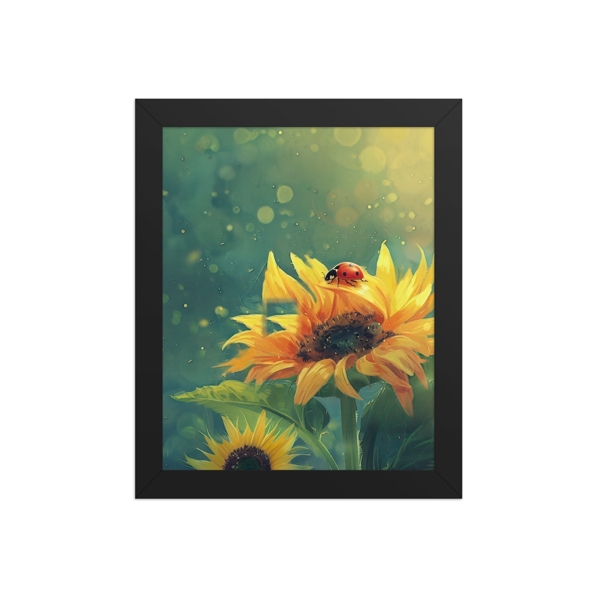 A vertical framed poster featuring a vibrant digital illustration of a red ladybug on a bright yellow sunflower. The background is a dreamy teal and green with glowing bokeh light effects. The art is housed in a sleek black wood frame.