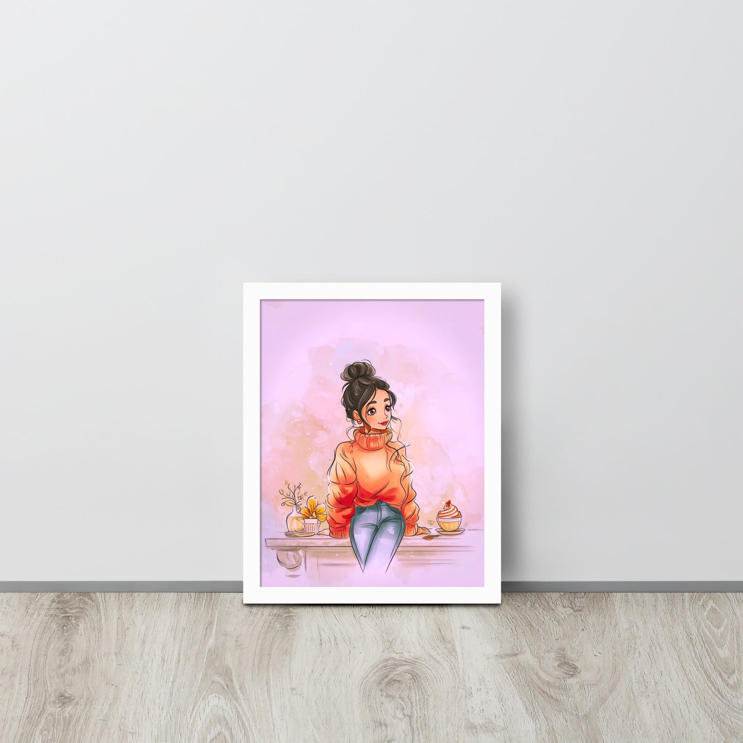 White framed poster showing a woman in a chunky sweater with autumn-themed illustration."