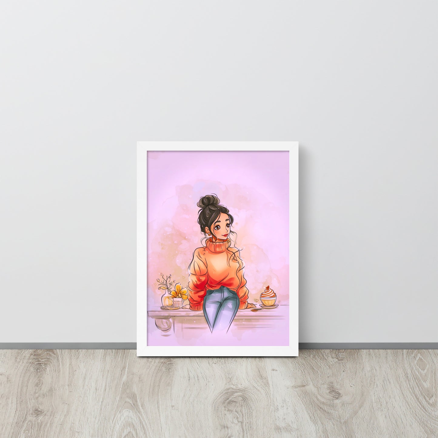 White framed poster showing a woman in a chunky sweater with autumn-themed illustration."