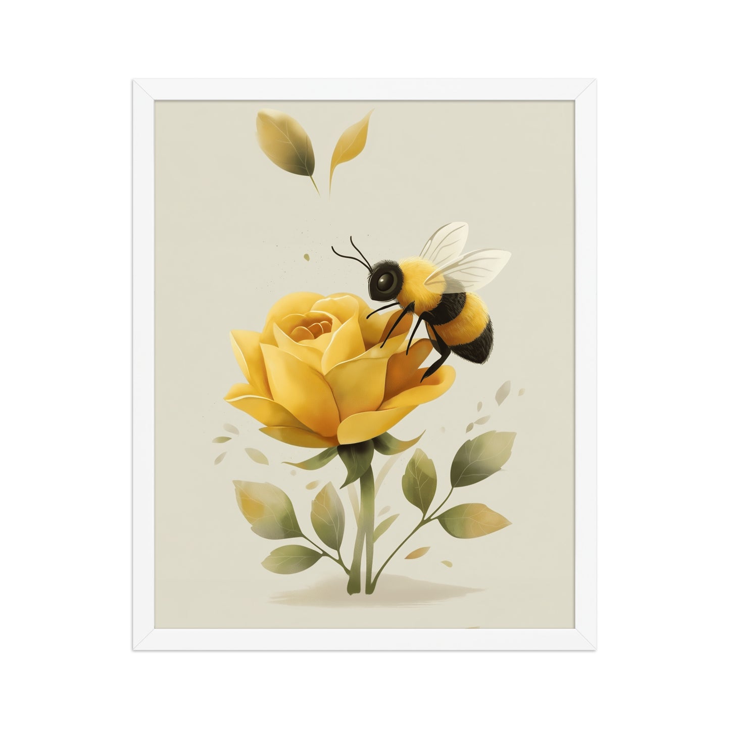Framed poster of a bee on a yellow rose with green leaves on a beige background. 