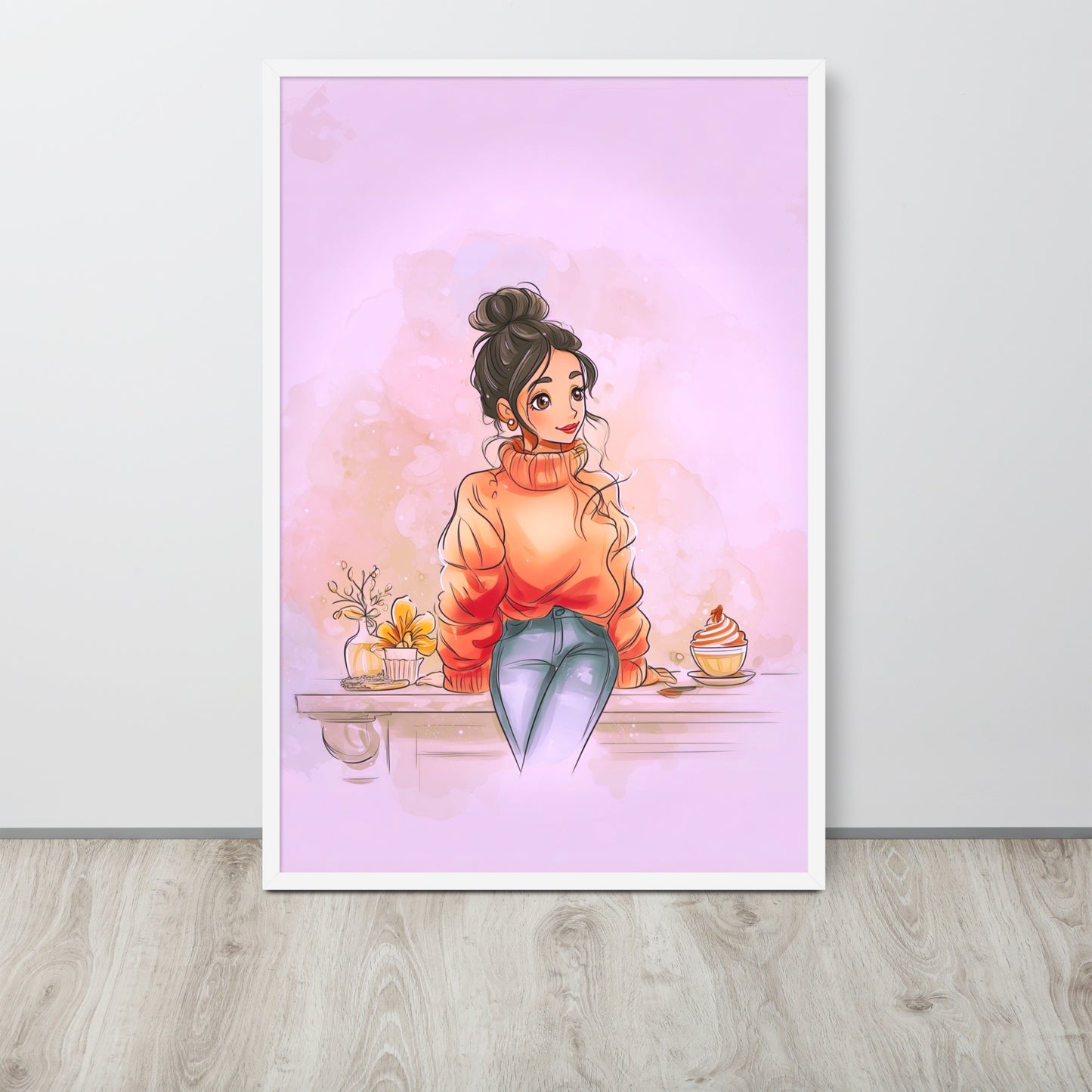 White framed poster showing a woman in a chunky sweater with autumn-themed illustration.