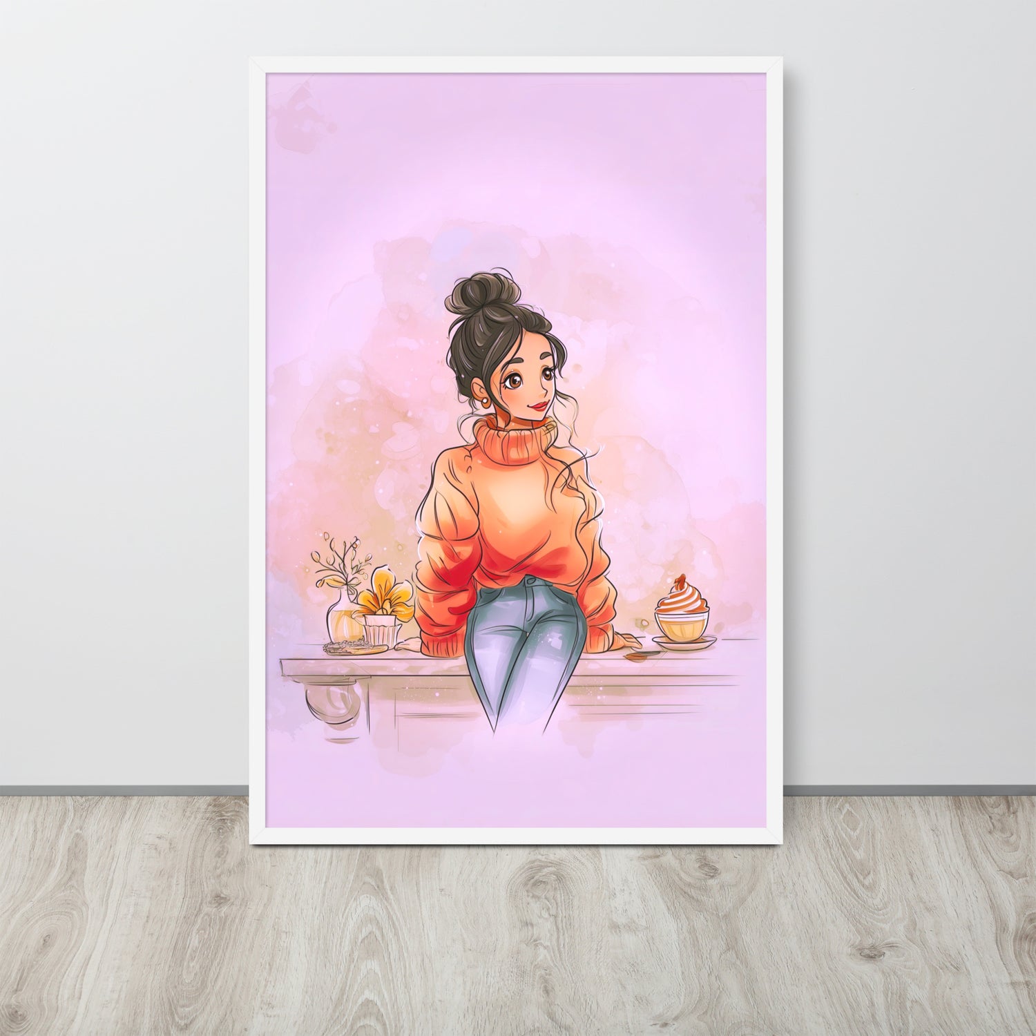 Framed poster of a woman sitting at a table with a soft, pastel color palette. She is wearing a chunky sweater. 