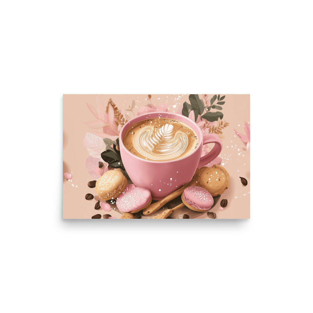 Top-down view of a cozy pink coffee cup with latte art, surrounded by cookies and cinnamon sticks on a soft pink background. High-quality paper poster for kitchen wall art by Sweet & Savage.