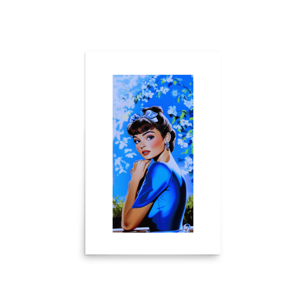 Sweet and Savage art print of a woman in a blue dress with flowers in the background. 