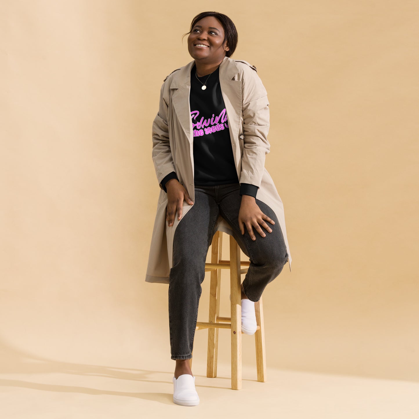 Women's black sweatshirt with "Sowing the Seeds of Love" pink graphic, soft cotton-poly blend, sustainable made-to-order apparel by Sweet & Savage.