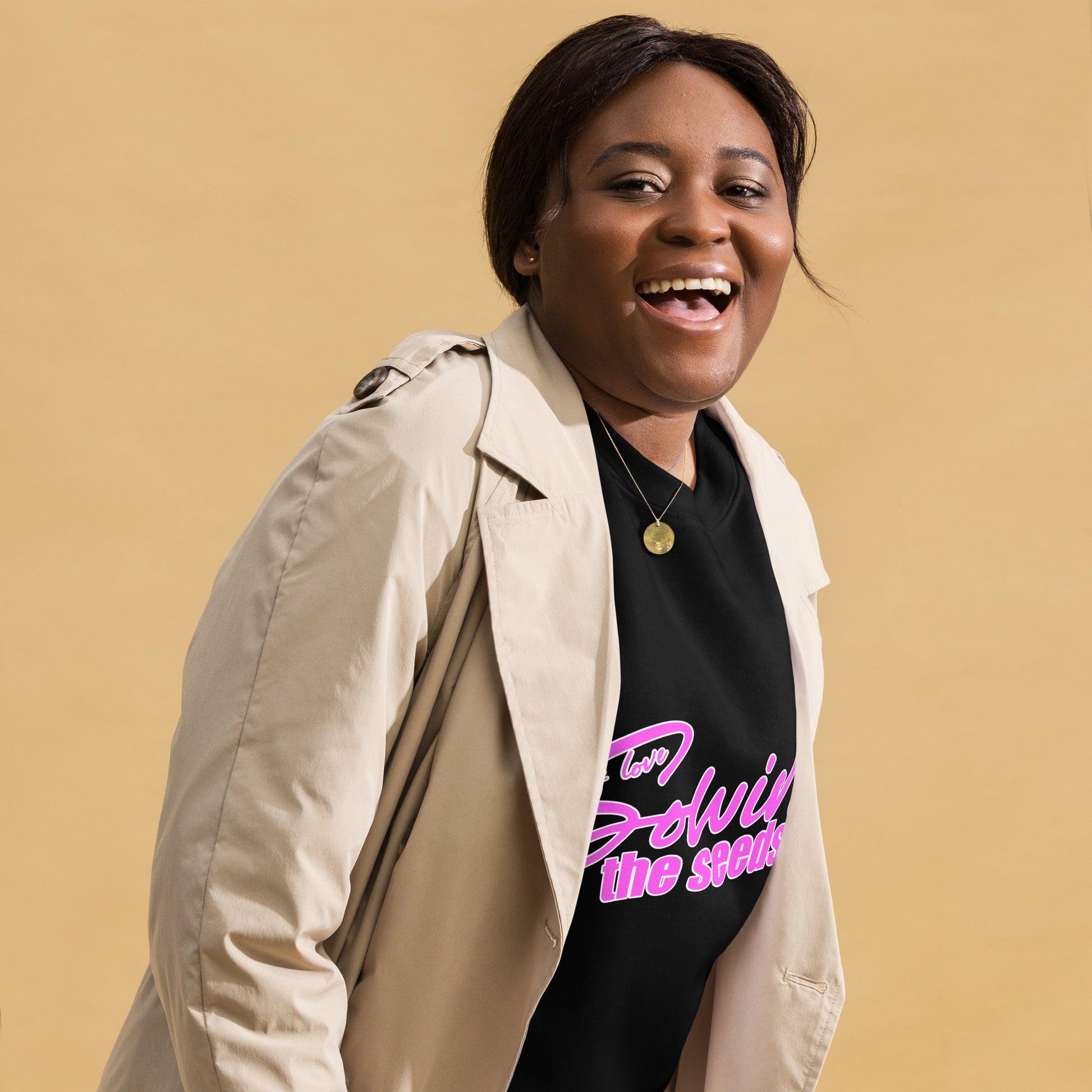 Women's black sweatshirt with "Sowing the Seeds of Love" pink graphic, soft cotton-poly blend, sustainable made-to-order apparel by Sweet & Savage.