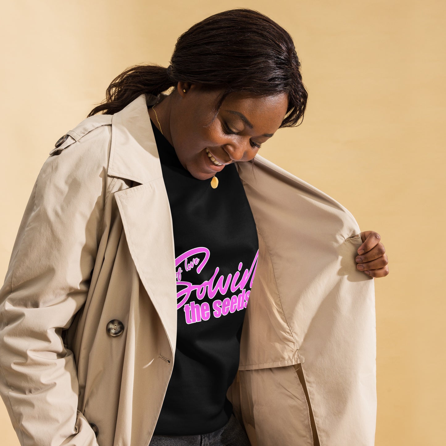 Women's black sweatshirt with "Sowing the Seeds of Love" pink graphic, soft cotton-poly blend, sustainable made-to-order apparel by Sweet & Savage.