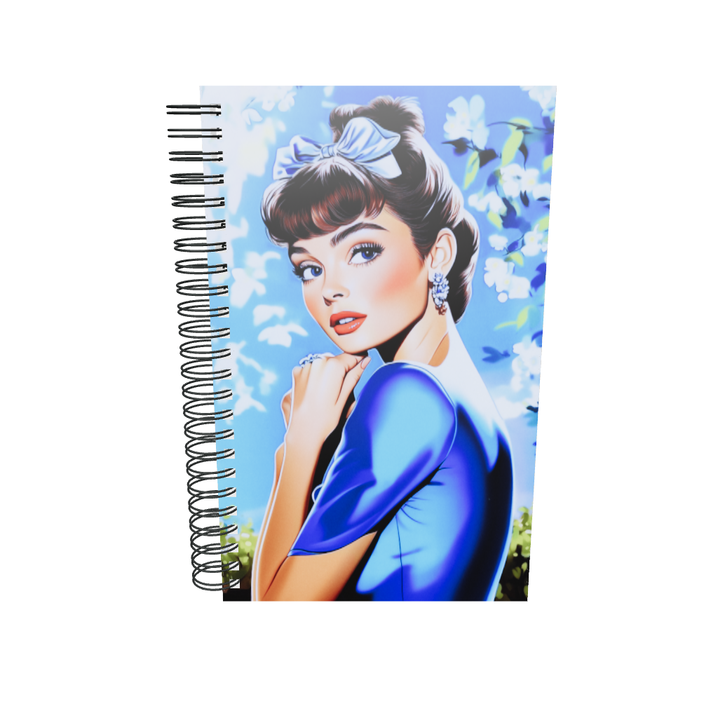 Spiral notebook with a secret garden floral and style icon graphic.