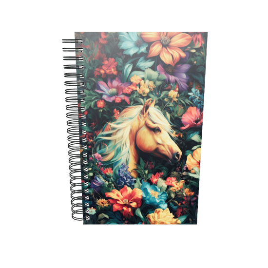 Soft-touch spiral notebook featuring a colorful, majestic horse artistic design.