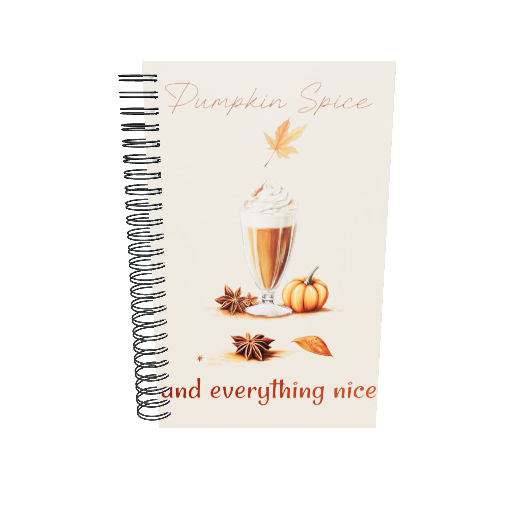 Spiral notebook with pumpkin spice design featuring a glass of pumpkin spice latte, pumpkins, and leaves on a beige background by Sweet and Savage. 