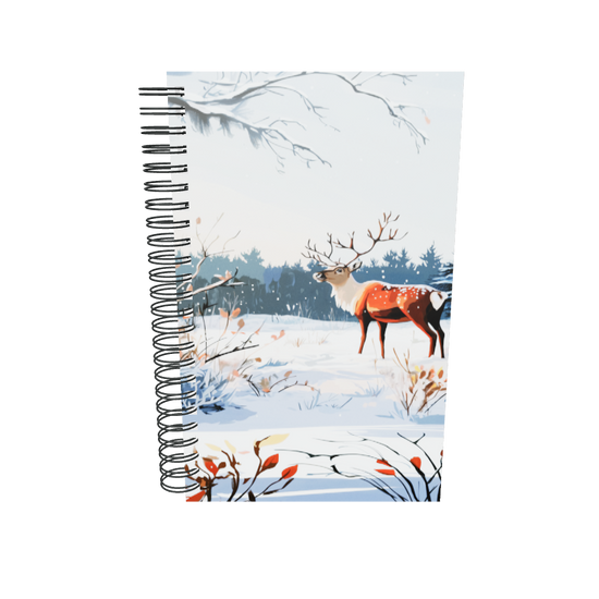 Spiral notebook featuring a serene winter scene with a majestic stag in a snowy field.