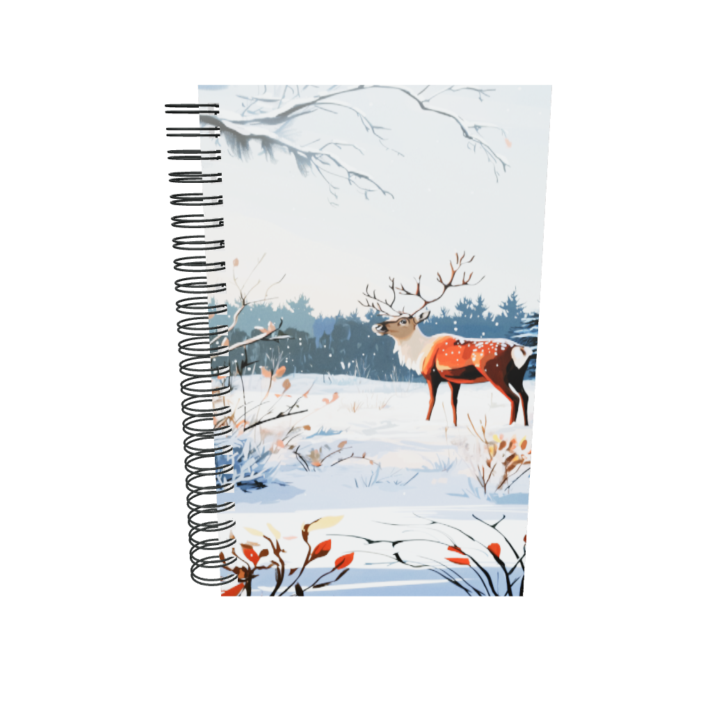 Spiral notebook featuring a serene winter scene with a majestic stag in a snowy field.