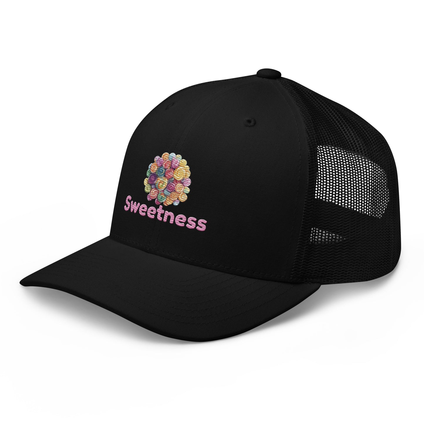 Black cap with colorful candies and the text 'Sweetness' on a white background