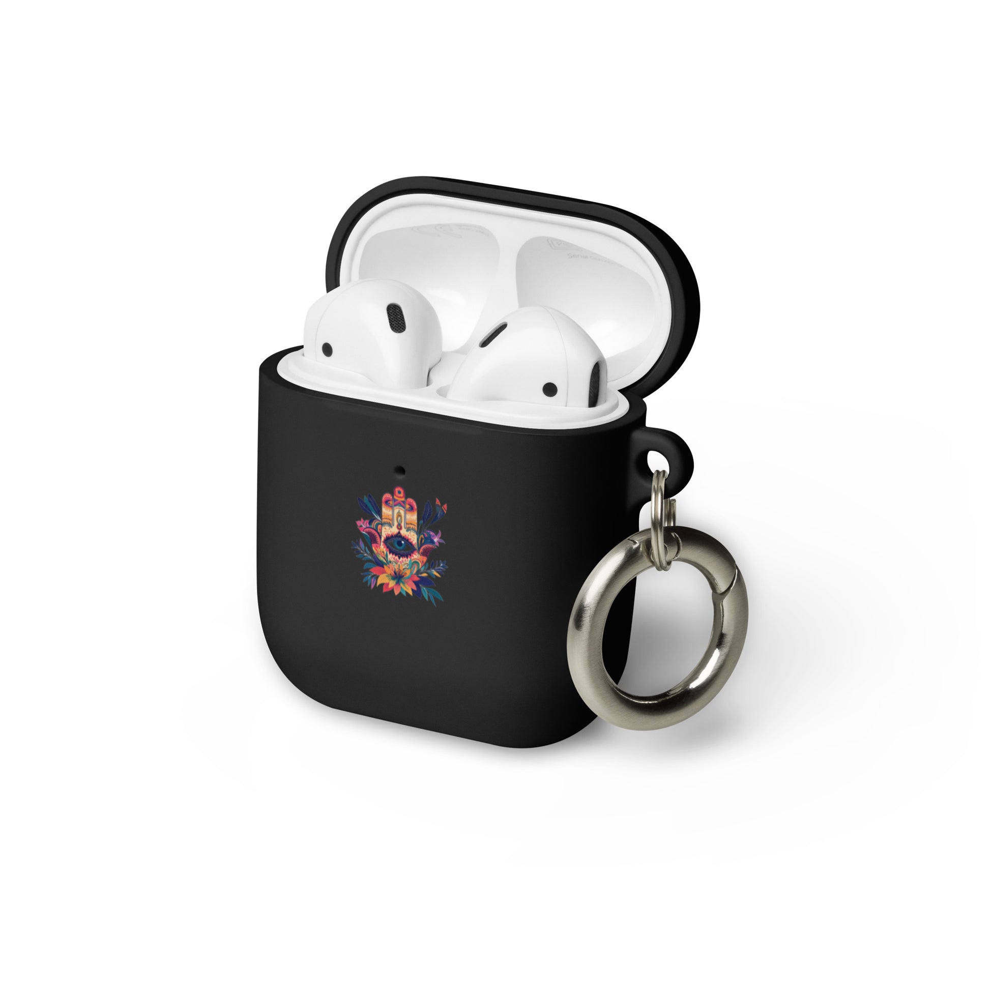 Black AirPods case with colorful emblem and keychain on a white background