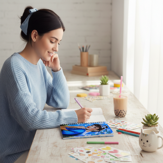 Lifestyle mockup of a spiral notebook featuring a blue vintage pop art portrait of a woman. The notebook is being used on a white wooden desk next to a person writing with a purple pen, stationery supplies, heart stickers, a bubble tea drink, and small succulent plants in a sunlit room.