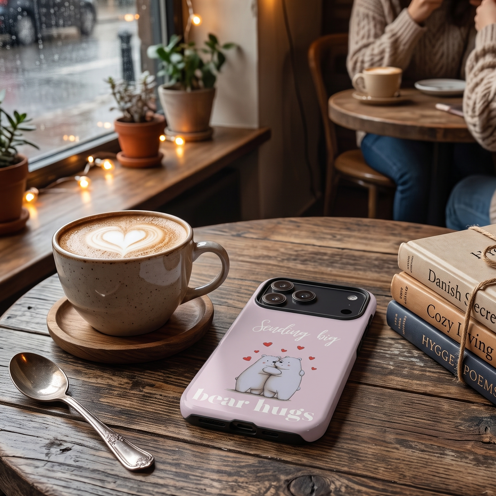 A light pink phone case with a cute polar bear illustration and the text 'Sending Big Bear Hugs' by Sweet & Savage resting on a rustic wooden table in a cozy cafe setting next to a cup of latte.