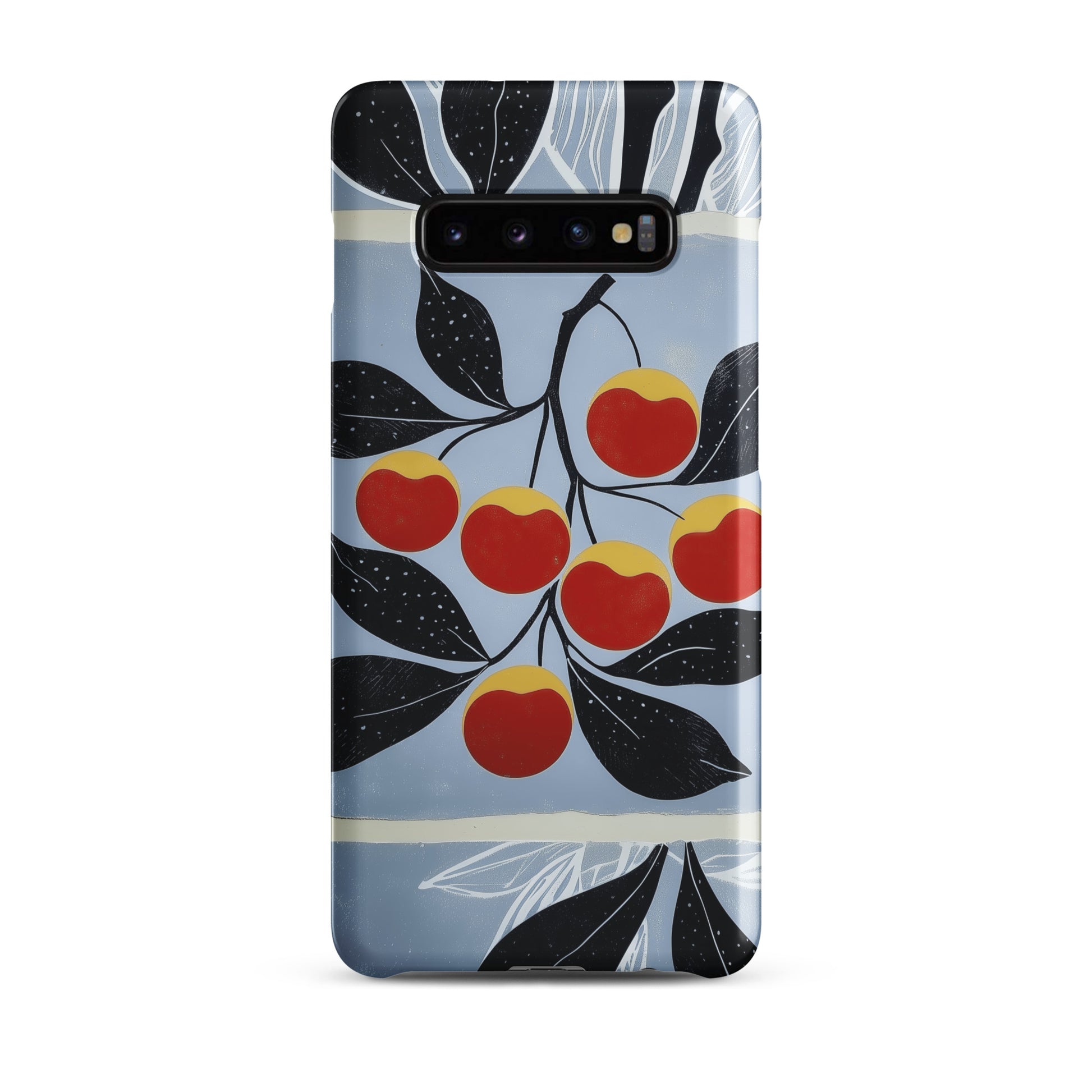 Samsung snap case with cherry design on a blue background by Sweet and Savage. 