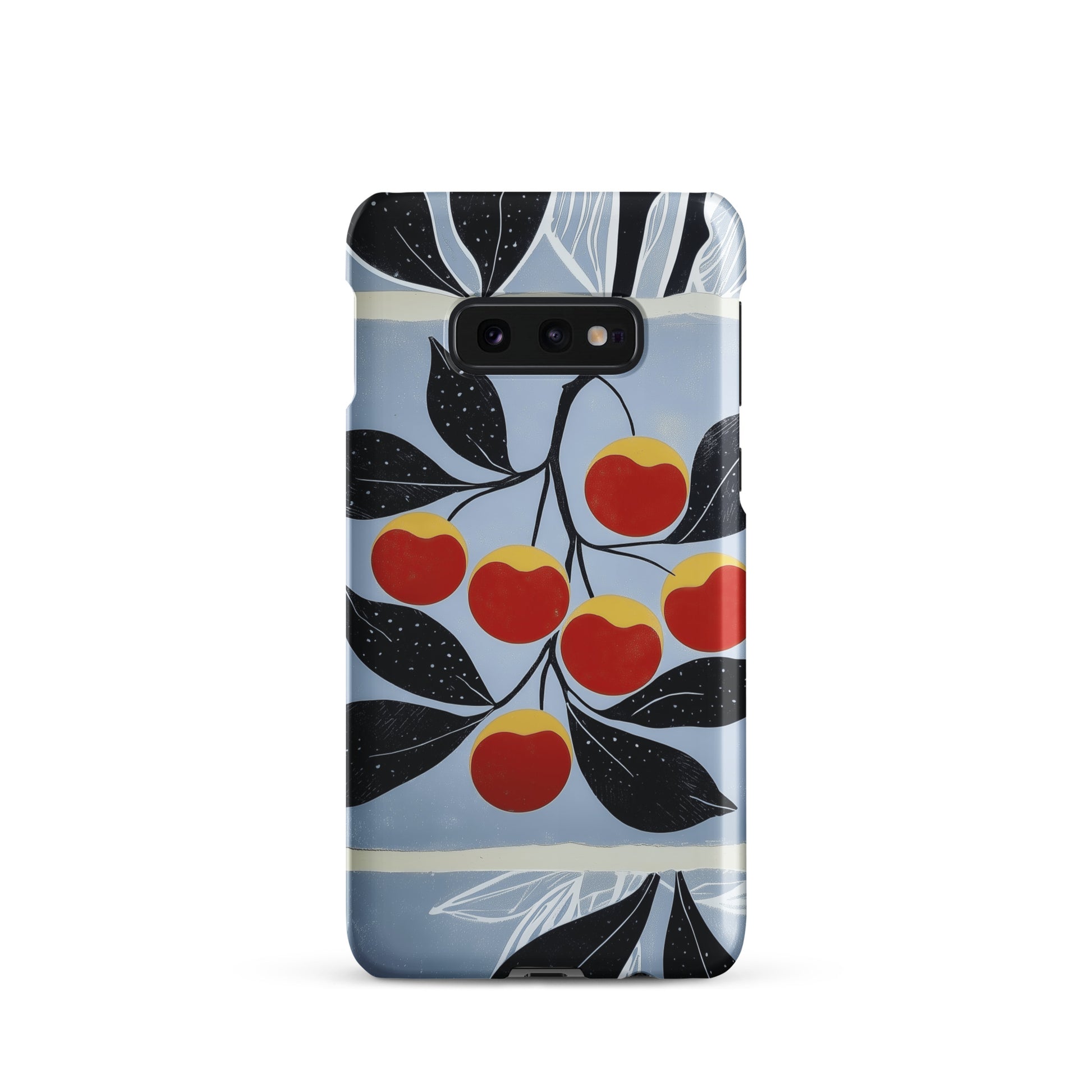 Samsung snap case with cherry design on a blue background by Sweet and Savage. 