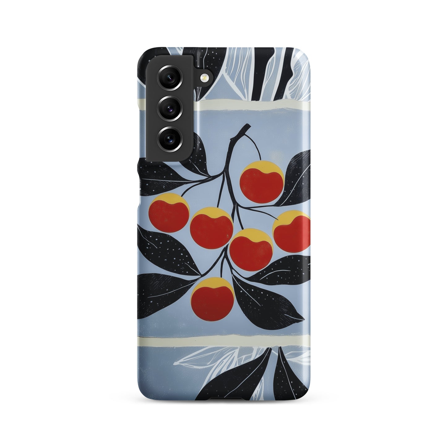 Samsung snap case with cherry design on a blue background by Sweet and Savage. 