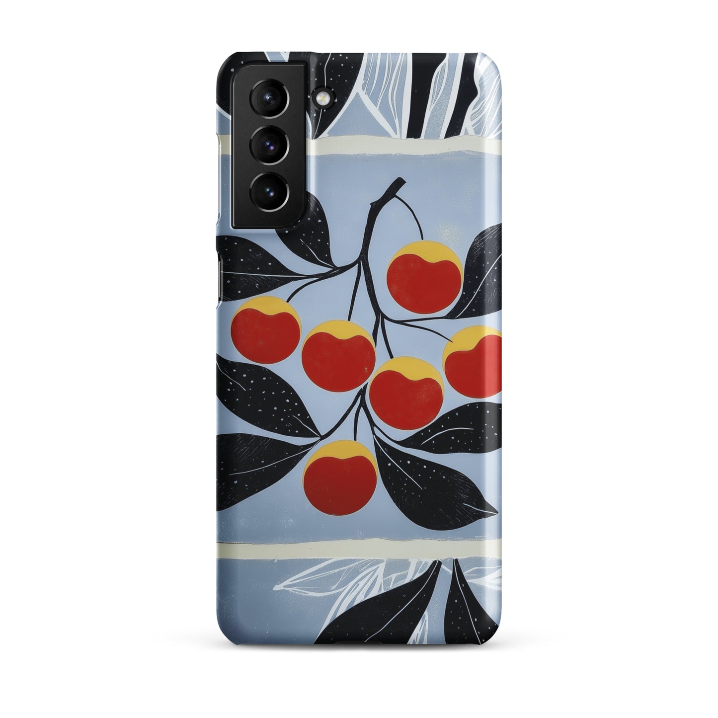 Samsung snap case with cherry design on a blue background by Sweet and Savage. 