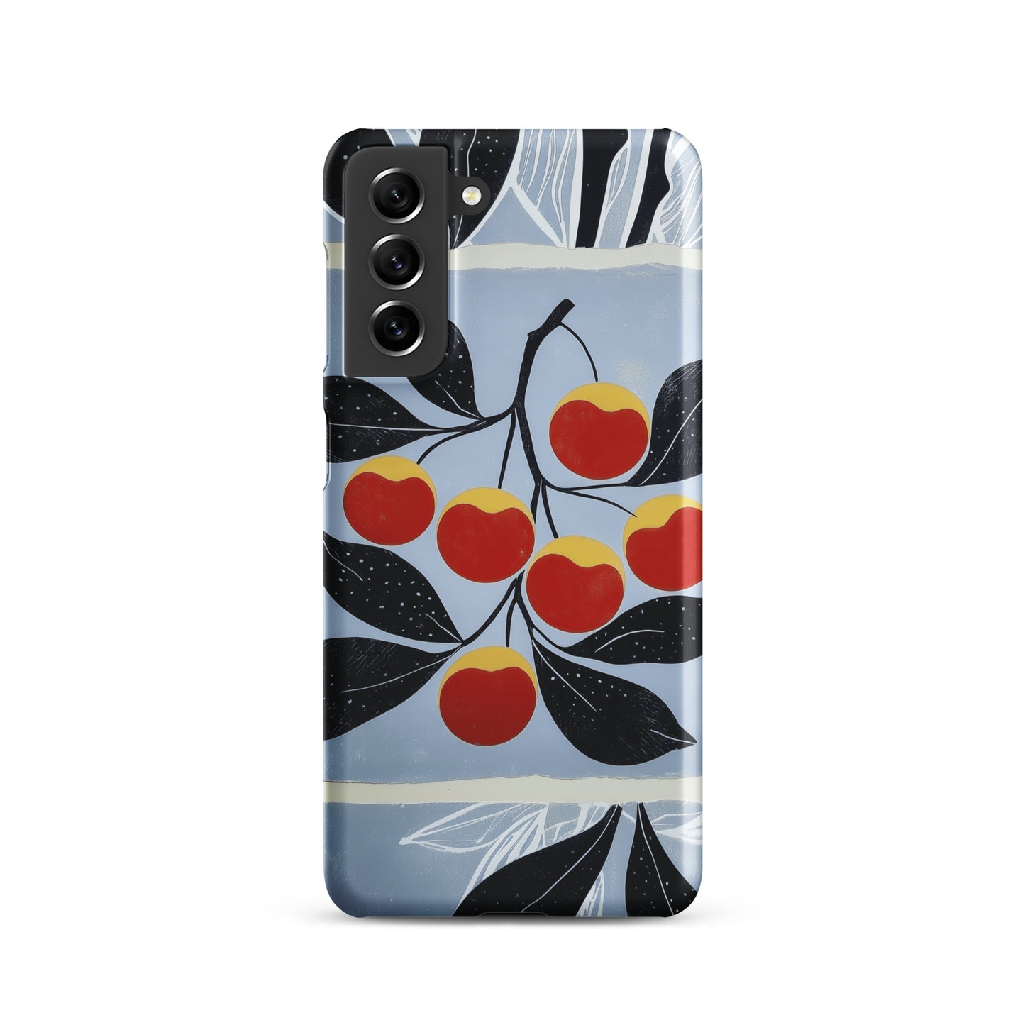 Samsung snap case with cherry design on a blue background by Sweet and Savage. 