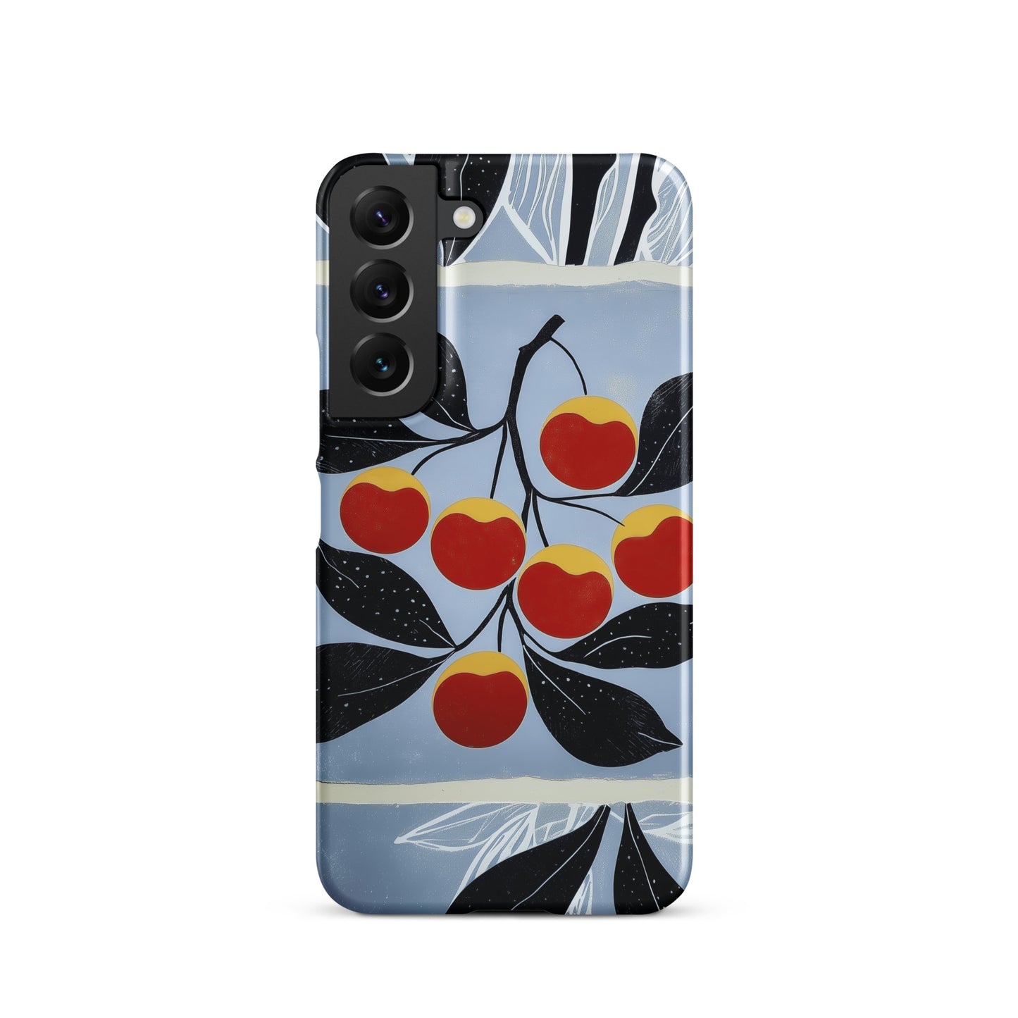 Samsung snap case with cherry design on a blue background by Sweet and Savage. 
