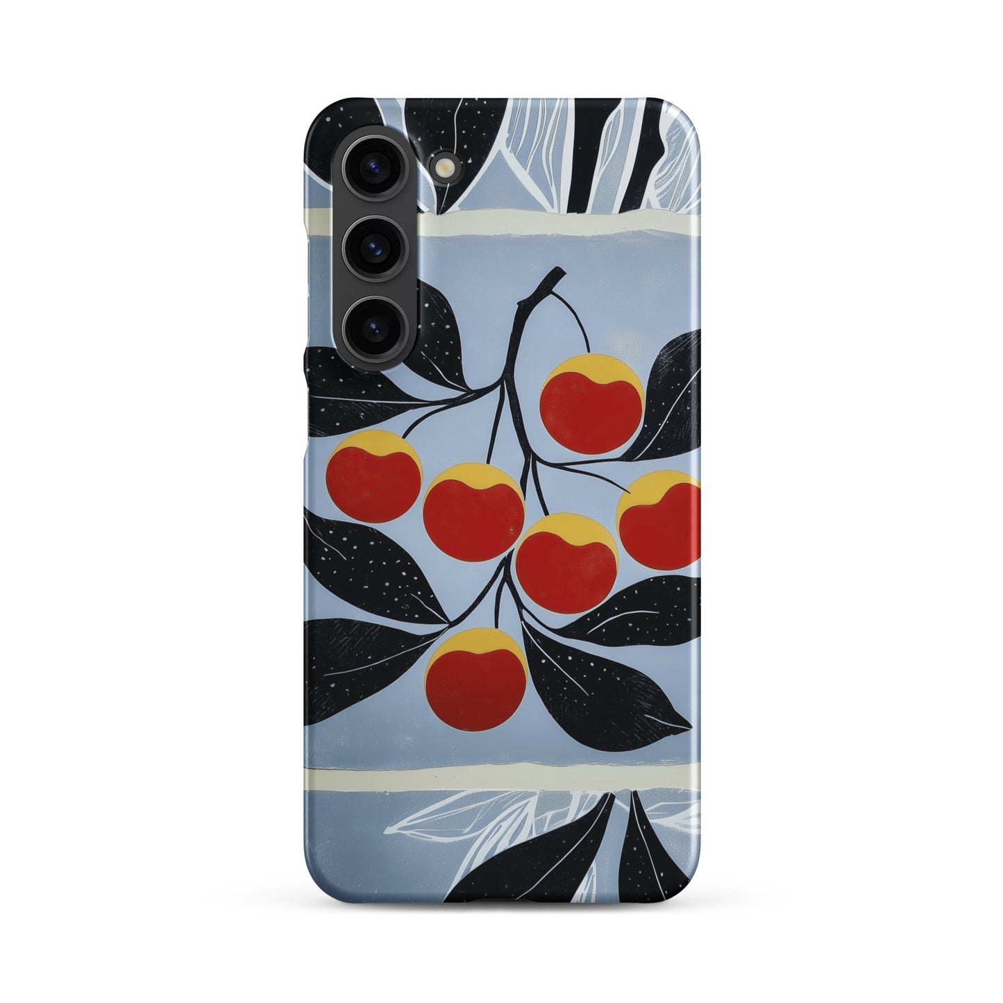 Samsung snap case with cherry design on a blue background by Sweet and Savage. 