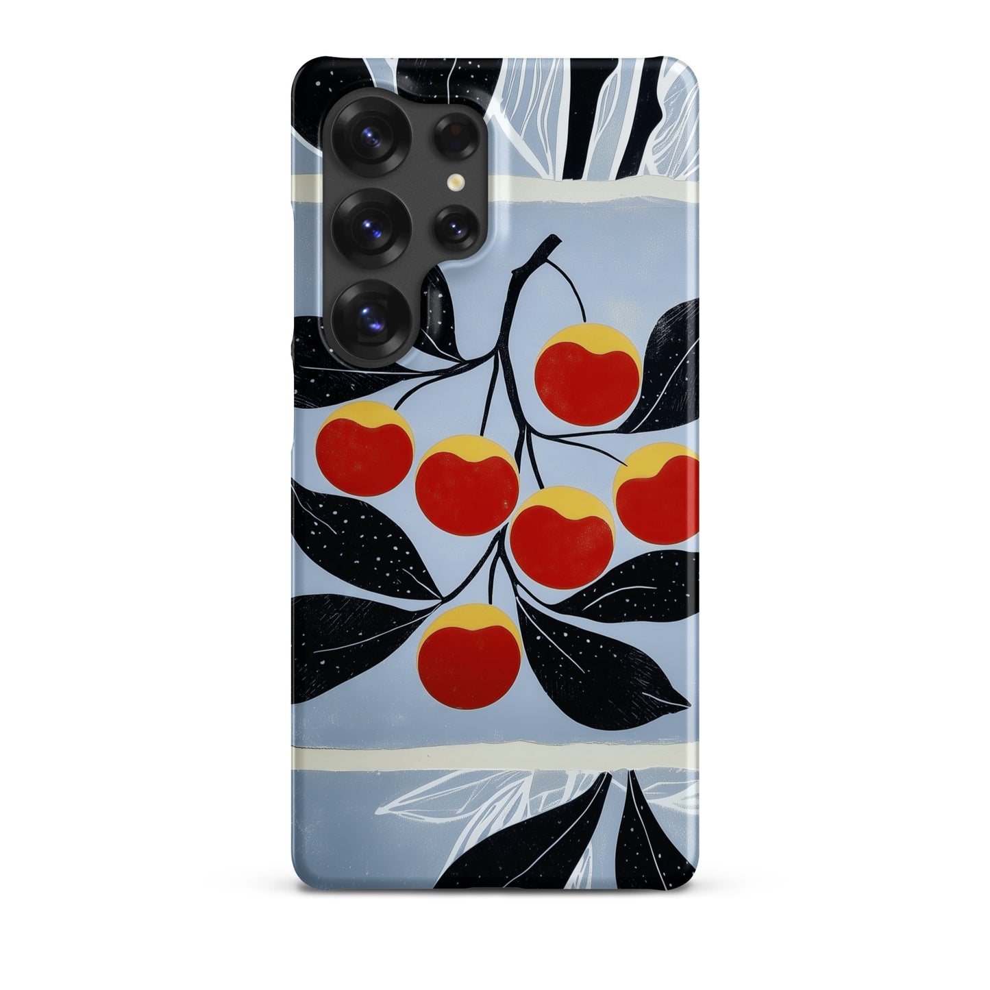 Samsung snap case with cherry design on a blue background by Sweet and Savage. 