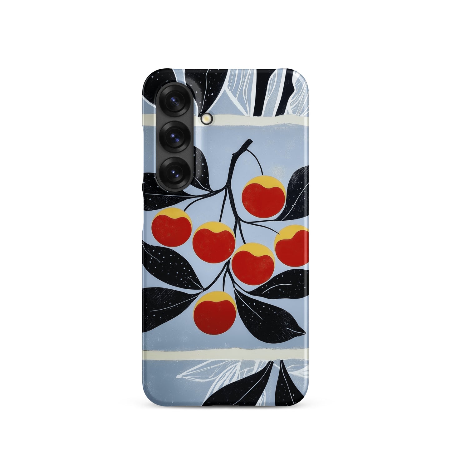 Samsung snap case with cherry design on a blue background by Sweet and Savage. 