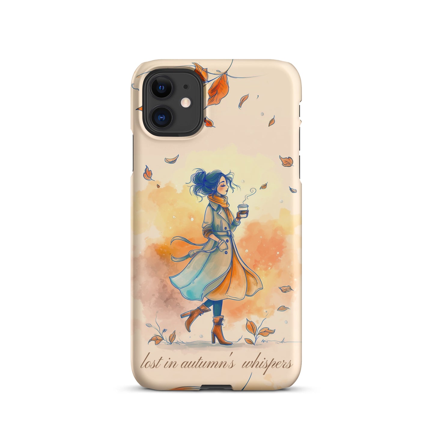 Snap iPhone case featuring watercolor art of a woman in a long coat walking through autumn leaves.