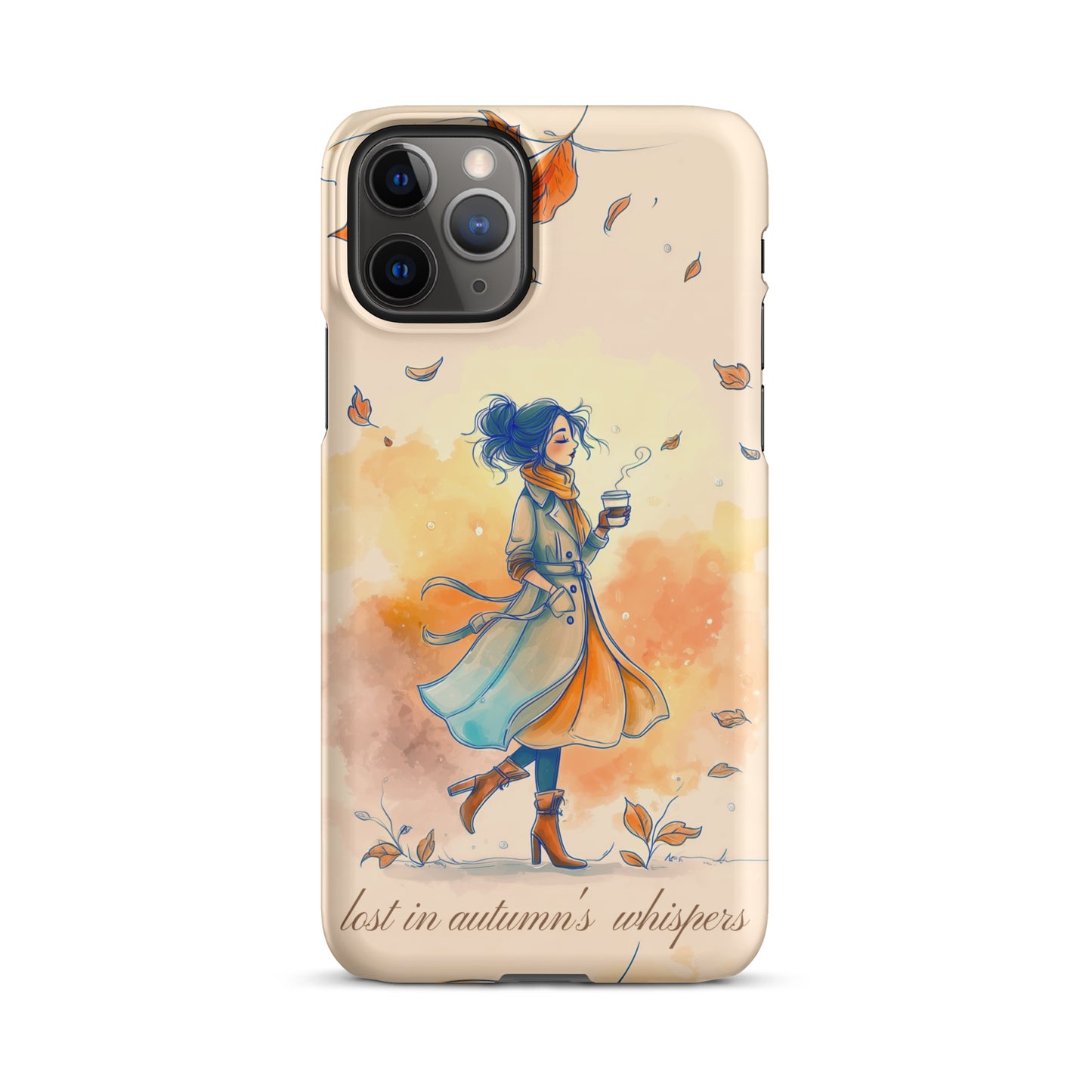 Snap iPhone case featuring watercolor art of a woman in a long coat walking through autumn leaves.