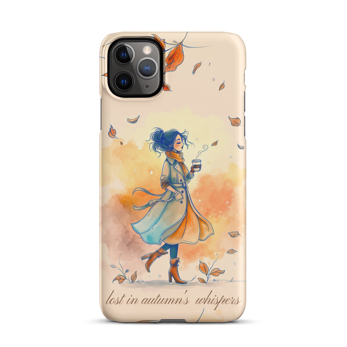 Snap iPhone case featuring watercolor art of a woman in a long coat walking through autumn leaves.