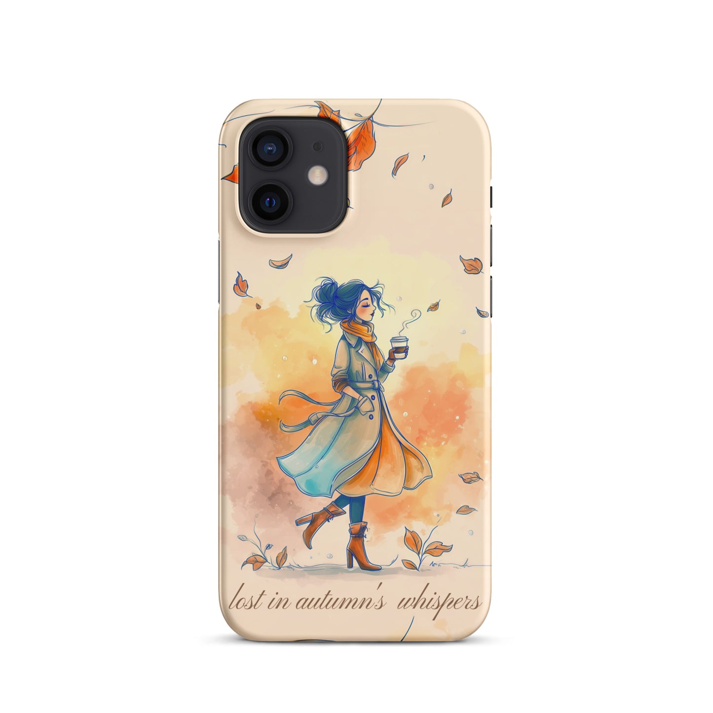 Snap iPhone case featuring watercolor art of a woman in a long coat walking through autumn leaves.