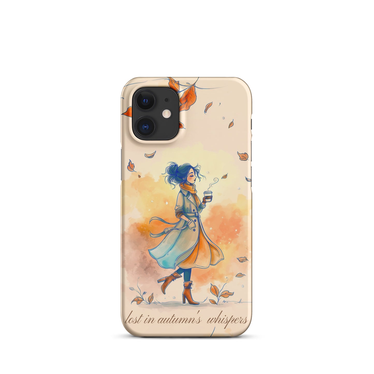 Snap iPhone case featuring watercolor art of a woman in a long coat walking through autumn leaves.