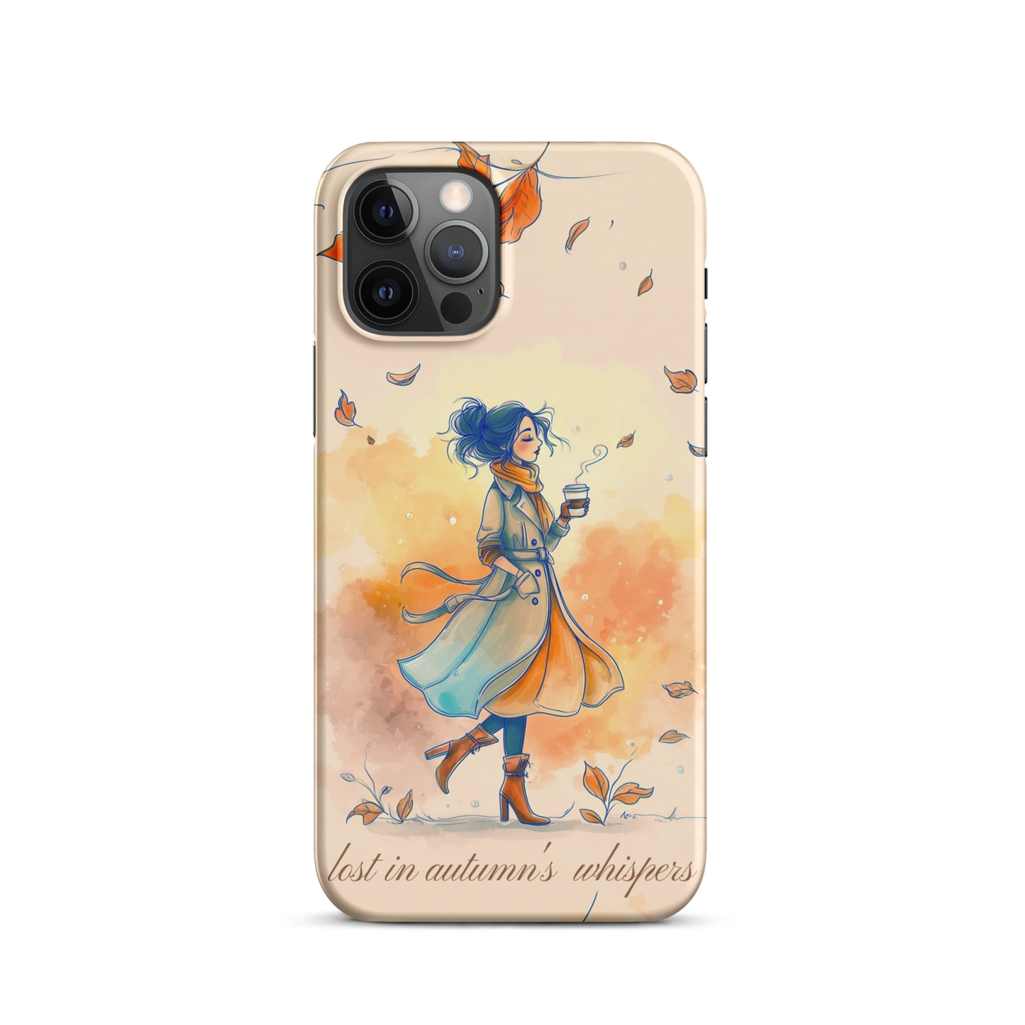 Snap iPhone case featuring watercolor art of a woman in a long coat walking through autumn leaves.