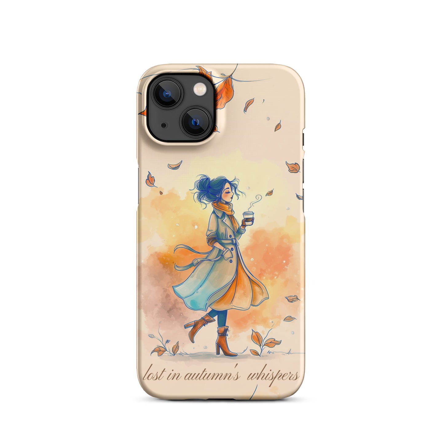 Snap iPhone case featuring watercolor art of a woman in a long coat walking through autumn leaves.