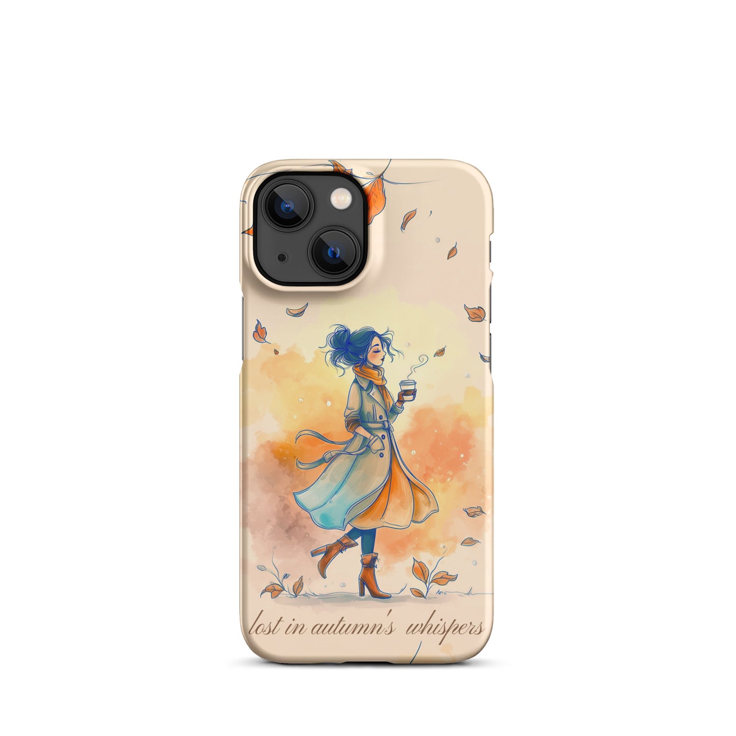 Snap iPhone case featuring watercolor art of a woman in a long coat walking through autumn leaves.