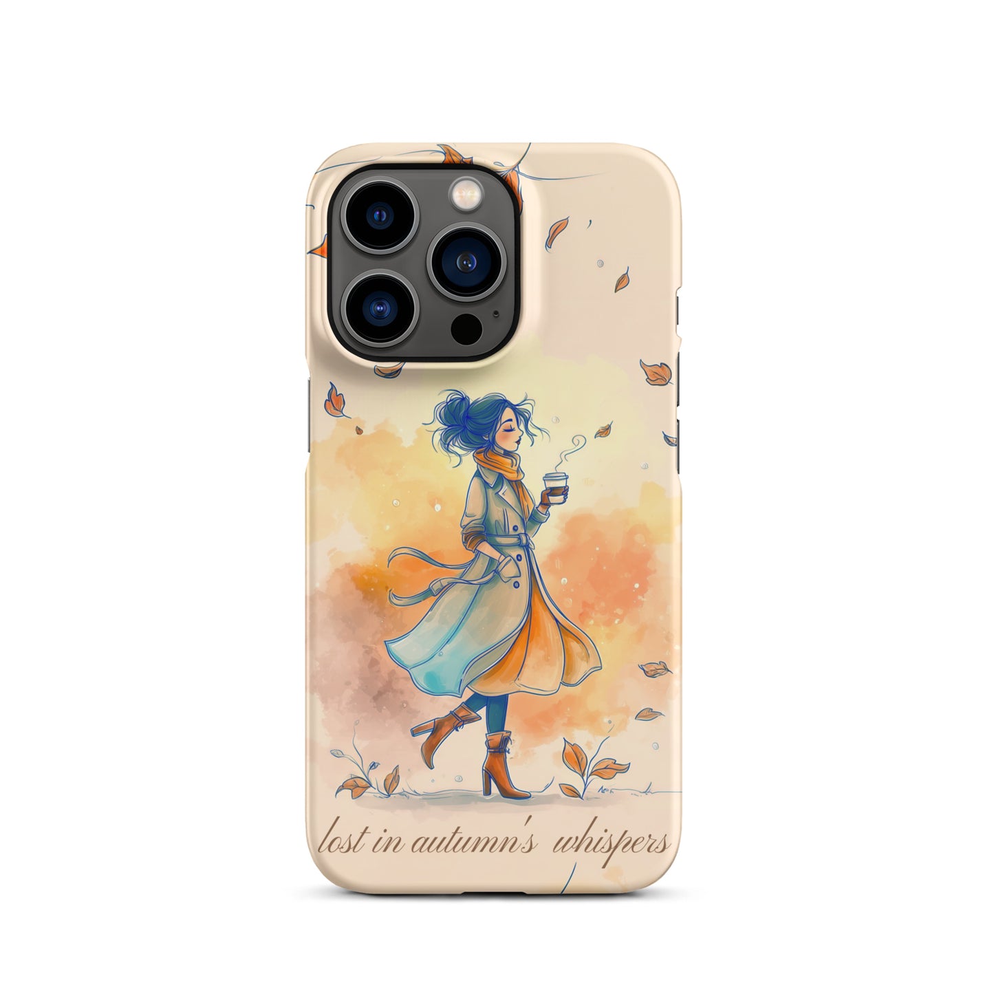 Snap iPhone case featuring watercolor art of a woman in a long coat walking through autumn leaves.