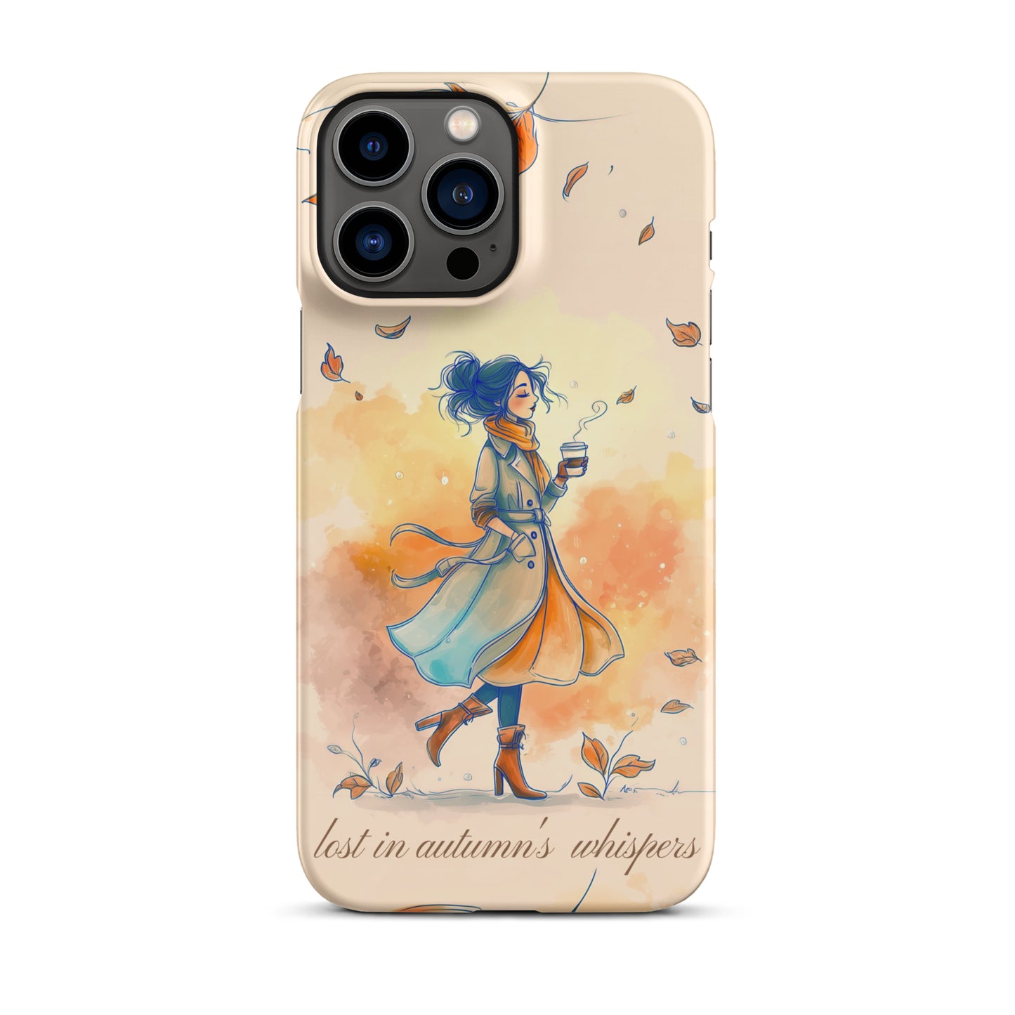 Snap iPhone case featuring watercolor art of a woman in a long coat walking through autumn leaves.
