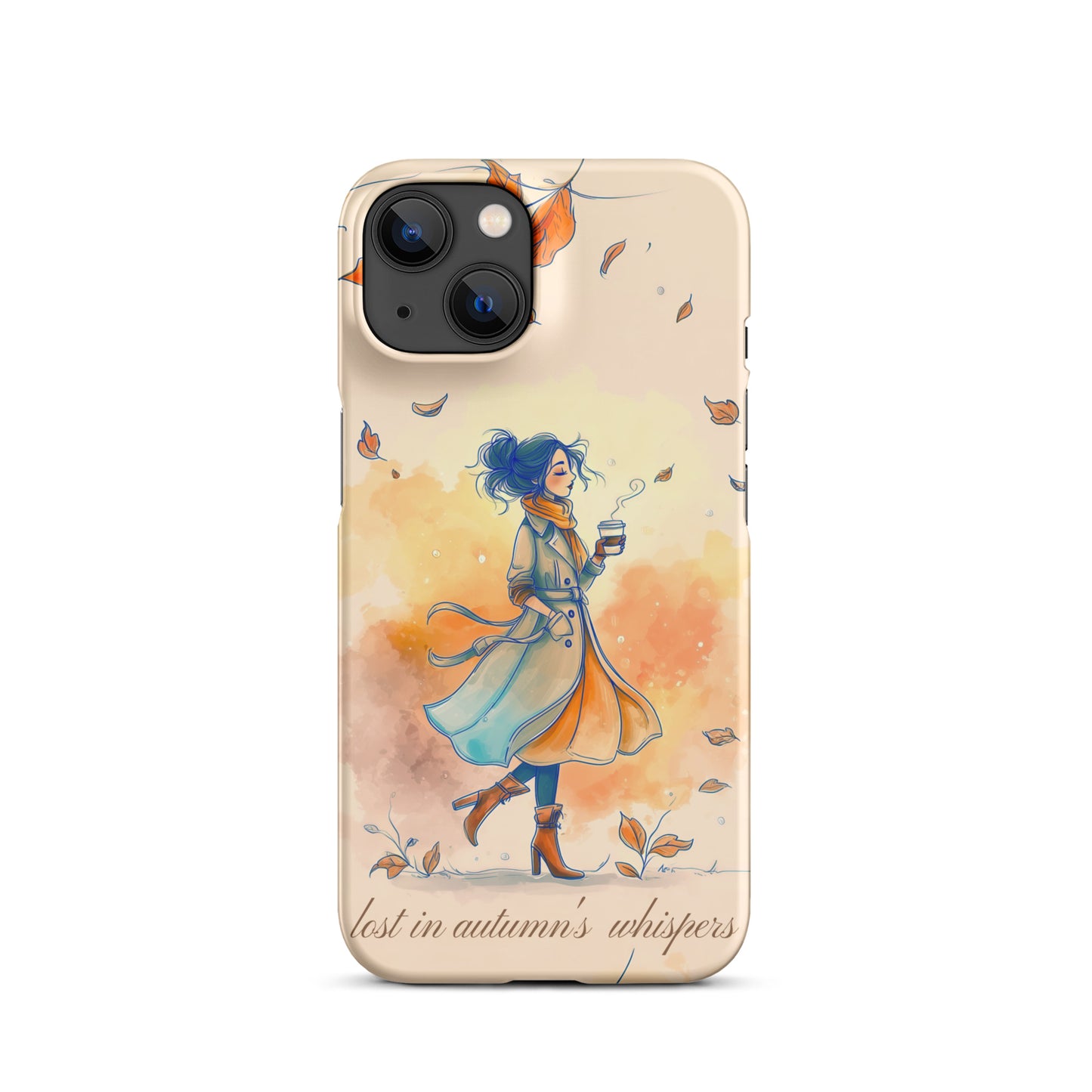 Snap iPhone case featuring watercolor art of a woman in a long coat walking through autumn leaves.