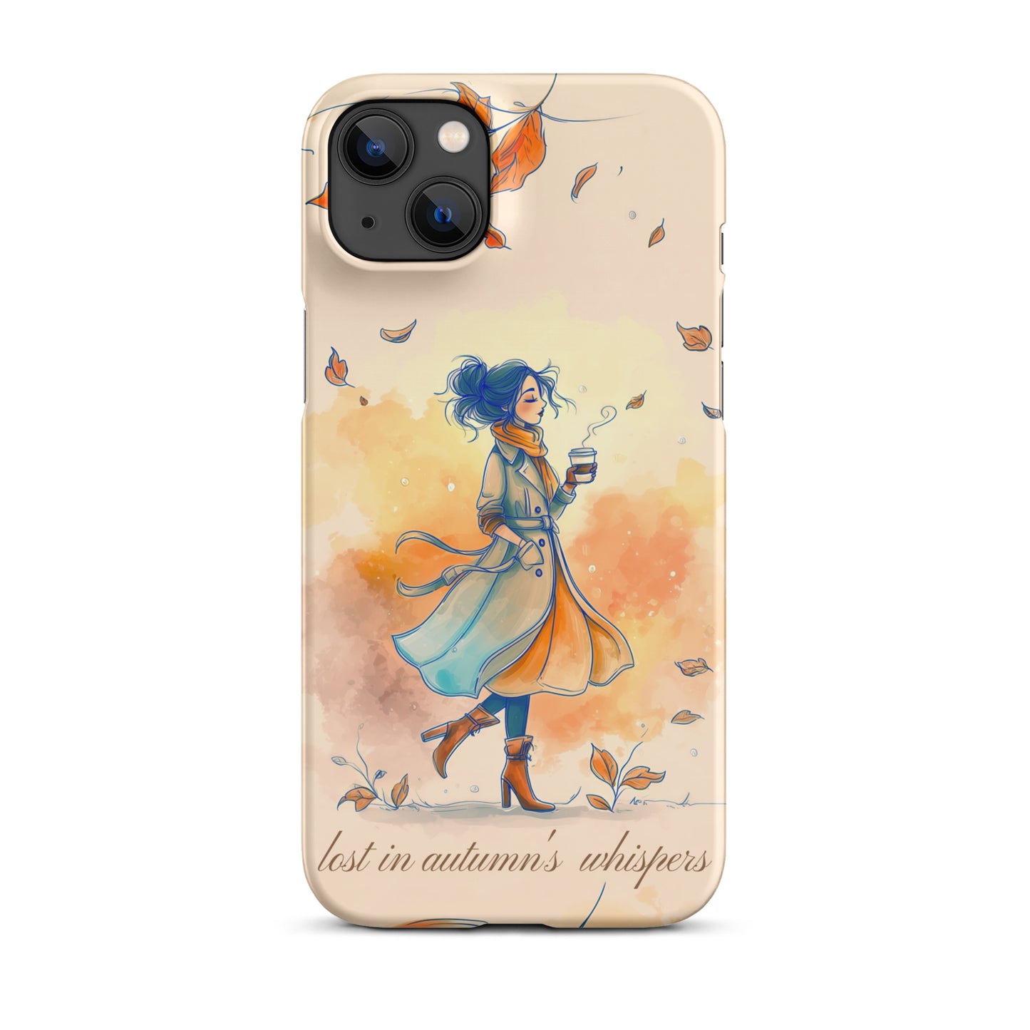 Snap iPhone case featuring watercolor art of a woman in a long coat walking through autumn leaves.