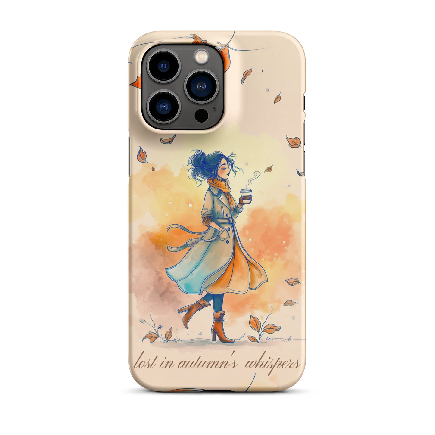 Snap iPhone case featuring watercolor art of a woman in a long coat walking through autumn leaves.